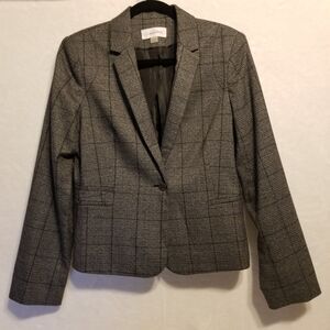 Calvin Klein 8 Blazer Window Pane Plaid Tweed Gray 1 Button Preppy Office Career
